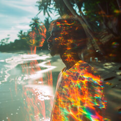 Holographic portrait of a man on the beach
