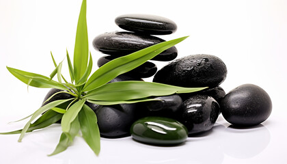 Fototapeta na wymiar Fresh green leaves balance on pebbles, promoting relaxation generated by AI