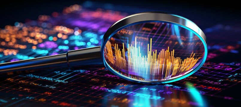 hyperrealistic data analysis and seo concept with magnifier, charts, and neon screen