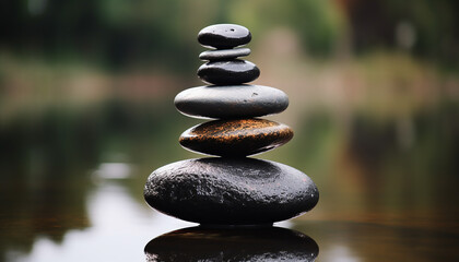 Fototapeta na wymiar Stacked stone cairn symbolizes balance and harmony generated by AI
