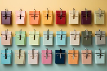 Soft pastel binder clips organized in a visually appealing pattern on a pale yellow surface, providing a modern and tidy backdrop for text and design elements
