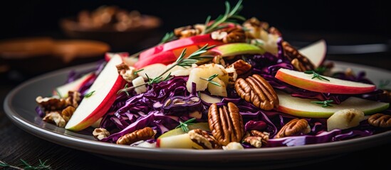Fototapeta premium Vegetarian Christmas salad with red cabbage, apples, and pecans.