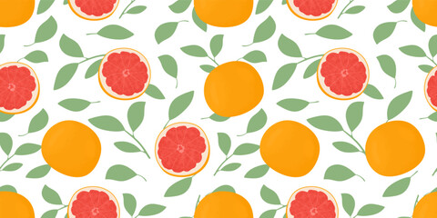 Fototapeta premium Seamless pattern with grapefruits whole and half on white background. Fresh citrus pomelo fruit and leaves. Repeating texture for fashion, fabric, textile, wallpaper, cover, wrapping paper. Vector