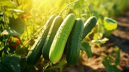Bountiful cucumber harvest growing on a lush and sunlit open plantation during a warm summer day.