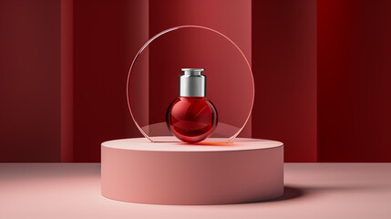 Red glass bottle with podium. Beauty showcase background presentation
