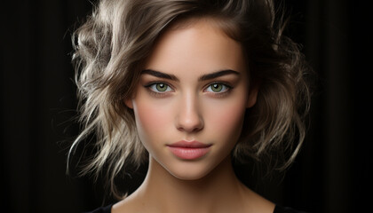 Fototapeta premium Beautiful young woman with long brown curly hair generated by AI