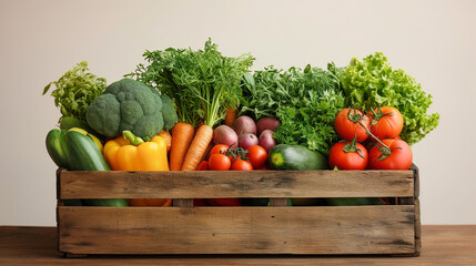 Wooden crate full of various vegetables. Healthy food concept.