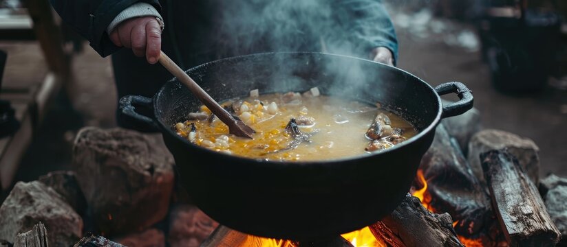 Preparing tasty fish soup in a large cauldron over a fire.