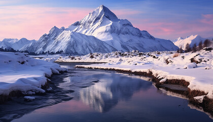 Majestic mountain peak reflects tranquil blue sky generated by AI - obrazy, fototapety, plakaty