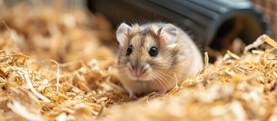 Hamsters are kept in a cage with bedding.