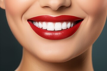 Obraz premium Close up of woman with flawless red lips and white teeth, beaming a super confident smile.