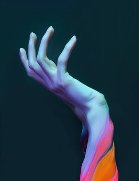 Hands gesture in neon light. Abstarct artistic composition. Bright vivid bold colors. Surrealistic collage artwork. Isolated dark background. surrealism creative wallpaper.