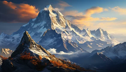 Schilderijen op glas Majestic mountain peak, snow capped, panoramic landscape generated by AI © Jemastock