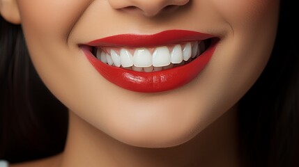 Fototapeta premium Close up portrait of a woman with perfect red lips, clear white teeth, and a super smile.