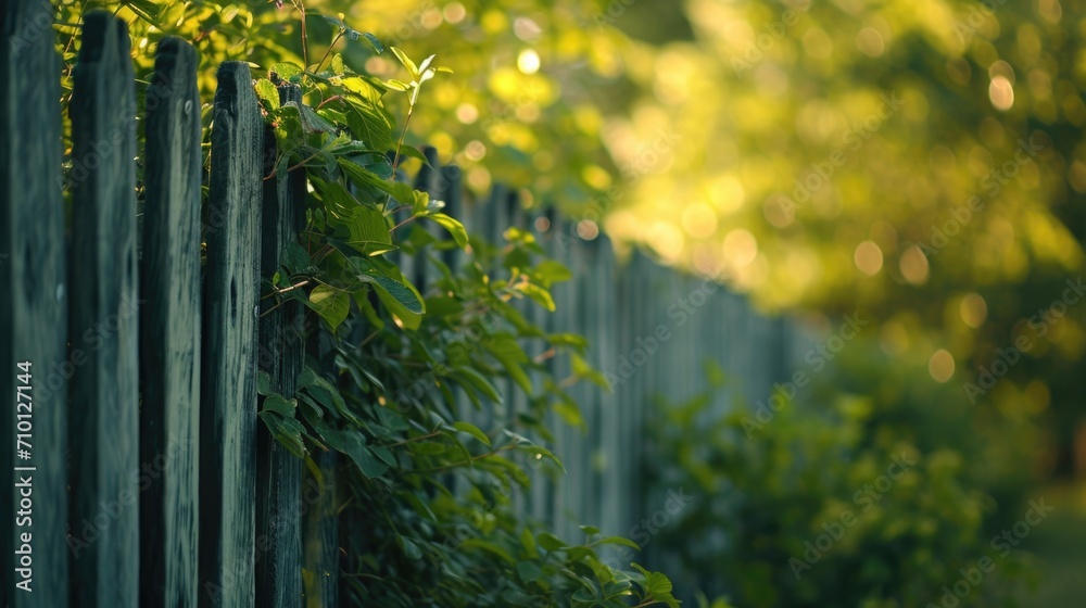 Aufkleber a picture of a wooden fence covered with lush vines. perfect for adding a touch of nature to any pro