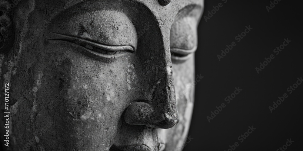 Poster a detailed close-up of a statue's face. perfect for artistic projects and historical references