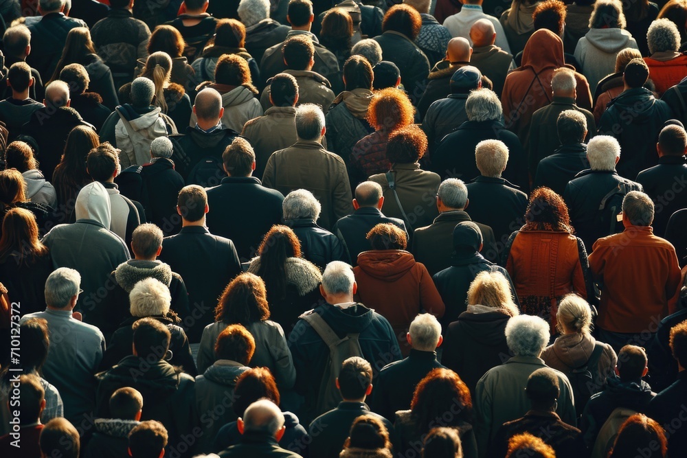 Poster A picture showing a large group of people standing together in a crowd. This image can be used to depict unity, teamwork, social gatherings, or community events