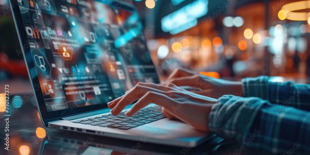 Aufkleber A person is seen typing on a laptop computer placed on a table. This image can be used to depict various concepts related to technology, work, productivity, online communication, or remote work