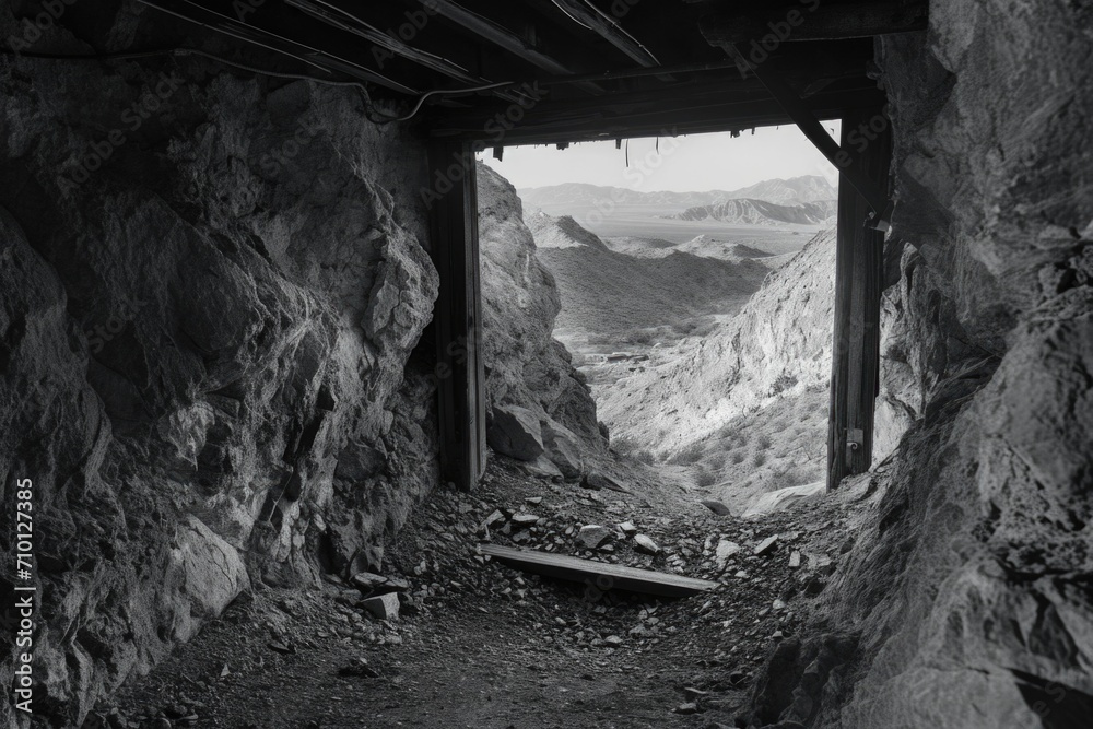 Poster a black and white photo of a tunnel in a mountain. suitable for various uses