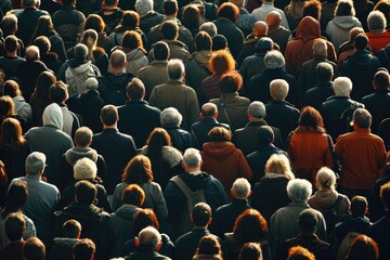 A picture showing a large group of people standing together in a crowd. This image can be used to depict unity, teamwork, social gatherings, or community events - obrazy, fototapety, plakaty