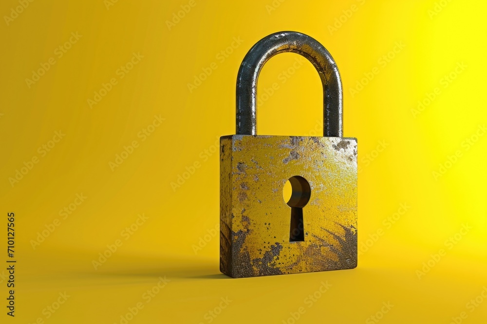 Aufkleber metal padlock with a keyhole on a vibrant yellow background. perfect for concepts related to securit