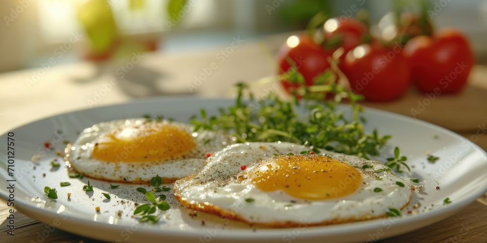 Poster two fried eggs served on a plate with a garnish of fresh parsley. this image can be used to showcase