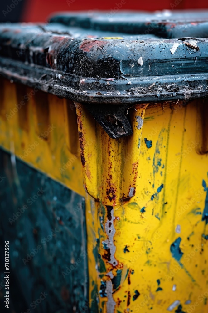 Poster a detailed view of a yellow and green trash can. suitable for waste management concepts
