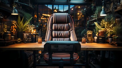 A top view of a computer chair with ergonomic features, placed in front of a desk with a keyboard, mouse, and monitor