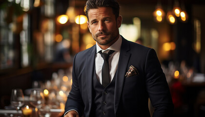 Fototapeta premium Confident businessman in suit, looking at camera outdoors generated by AI
