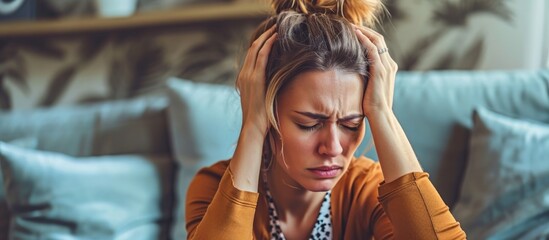 Stressed pregnant woman in her 30s experiencing migraines. - Powered by Adobe