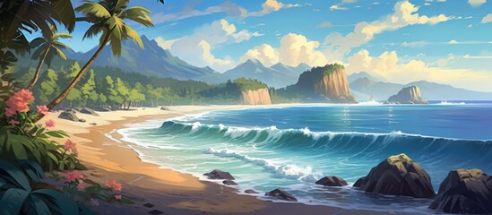 Tropical nature on beach with forest on cliff. Mountain landscape and clear ocean waves. - obrazy, fototapety, plakaty