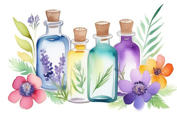 unbranded essence oil bottles with flowers on white background, watercolor illustration.