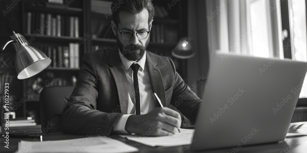 Aufkleber A man sitting at a desk in front of a laptop computer. Ideal for technology, work, and remote work concepts