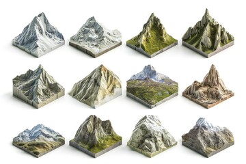 A collection of various mountains displayed on a white surface. This image can be used for a variety of purposes