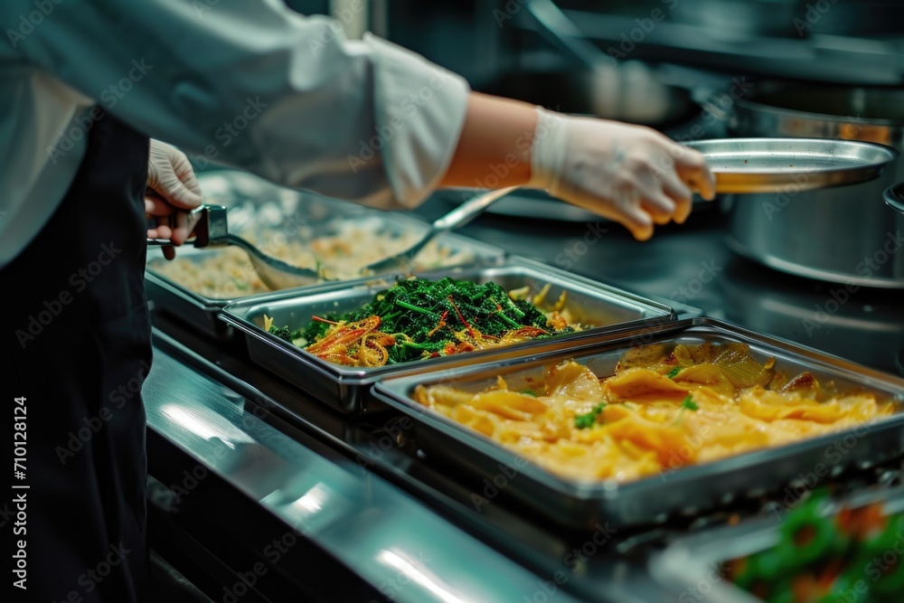 Poster a person is shown in a kitchen, preparing food on a buffet. this image can be used for various food-
