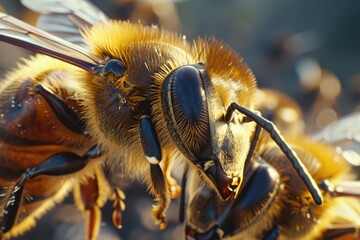 A detailed close-up of a bee with its mouth open. Can be used to showcase the intricate details of a bee's anatomy.