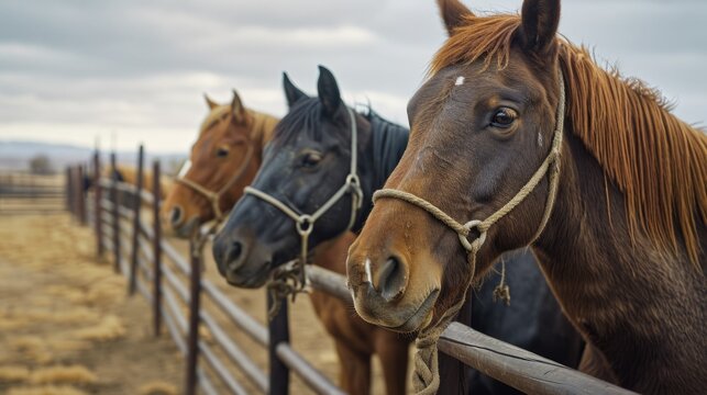 A group of horses standing next to each other. This image can be used to depict unity, teamwork, or a herd of horses