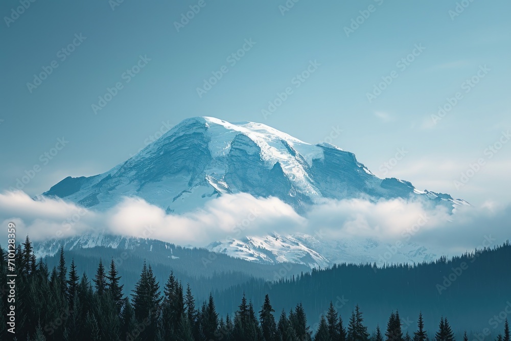 Poster a picturesque view of a snow-covered mountain with beautiful trees in the foreground. perfect for wi