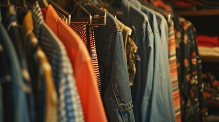 A rack of clothes hanging on a clothes rack. Suitable for fashion, retail, or wardrobe concepts
