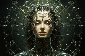 portrait of a woman, face surrounded by wires and tubes in the form of an ornament, on a black background, glow, biomechanics, cyberpunk art, gothic art