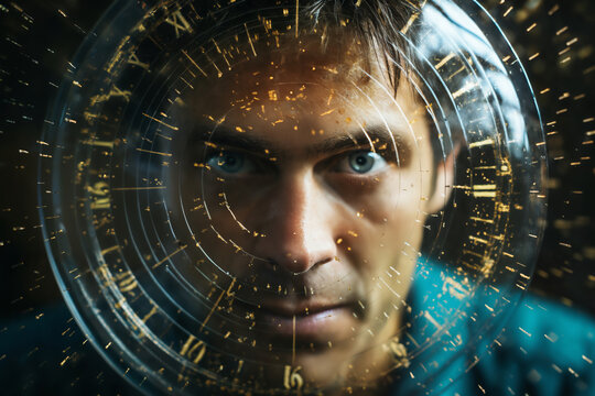 a man with a clock holography in front of his face, with a digital background of stars and circles around him, cybernetics, computer rendering, sci-fi, cyber art