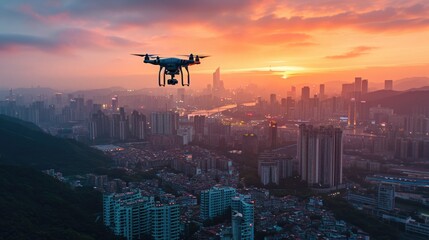 Advanced Drone Delivery Services, drones flying over bright, modern cityscapes in the soft light of morning