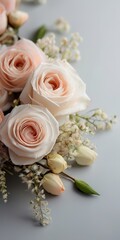 Bouquet of pink roses and gypsophila on white background with copy space