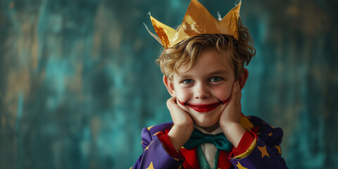 Photo of a boy in a photo studio dressed in a royal suit with a golden crown on his head