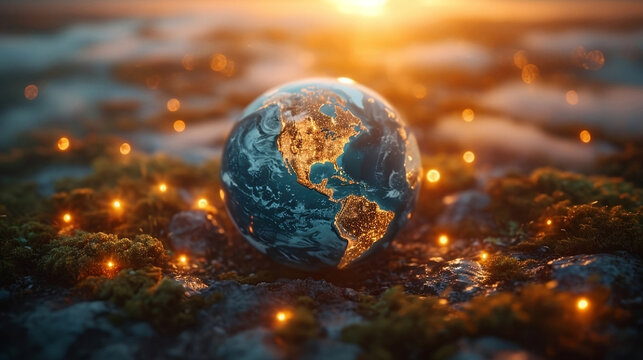 Globe in Miniature: Earth with Glistening Light Reflections, A Small-Scale Representation of Our Planet