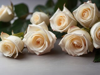 Beautiful white roses on a gray background. Close-up.