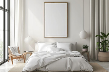 Minimalist bedroom interior with an empty frame mockup ready for art, complemented by a tranquil, natural decor