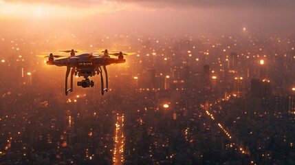 Advanced Drone Delivery Services, drones flying over bright, modern cityscapes in the soft light of morning