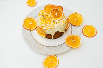 Traditional ukrainian easter cake on white table. Happy easter, spring holiday