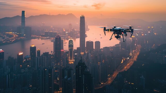 Advanced Drone Delivery Services, drones flying over bright, modern cityscapes in the soft light of morning